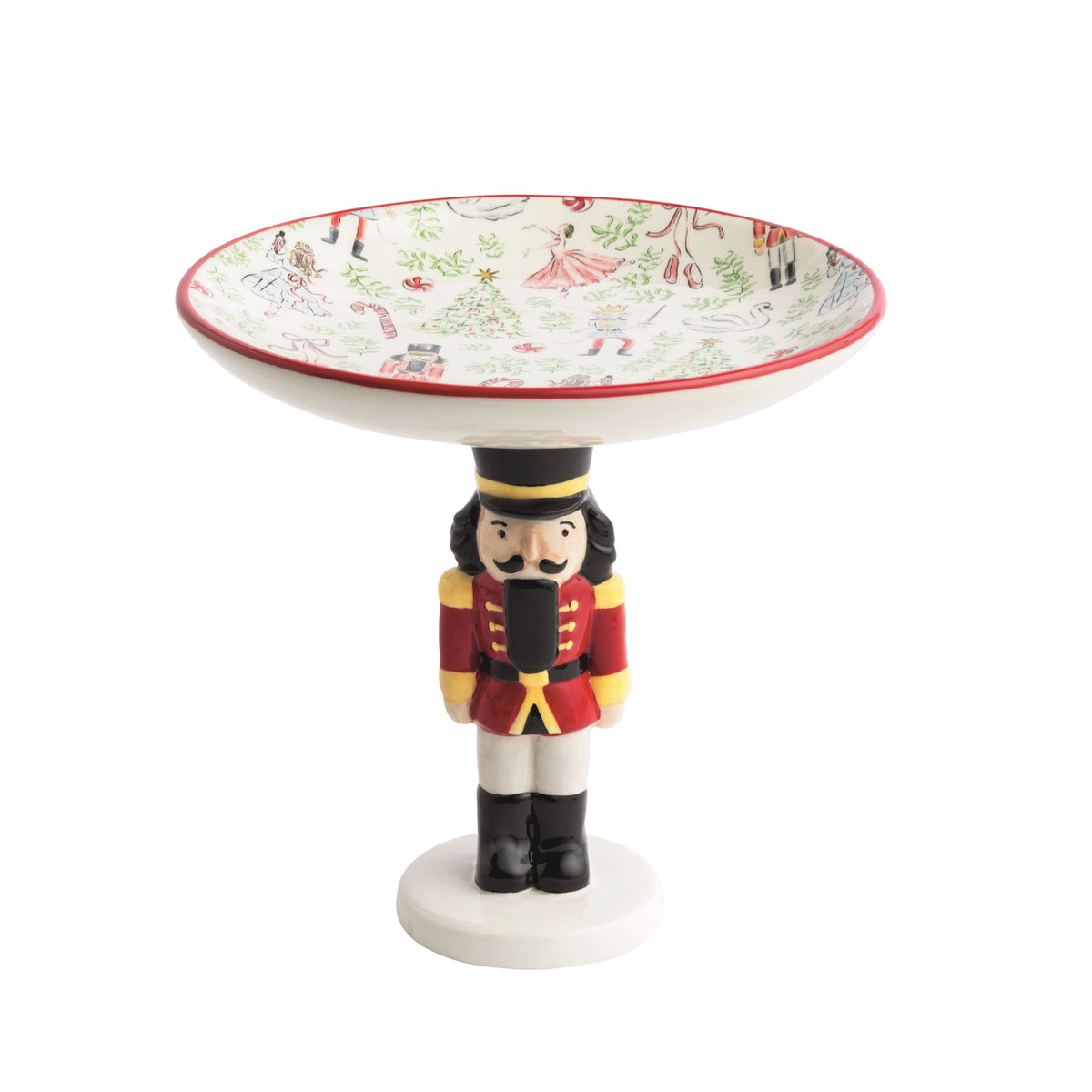 Mud Pie footed candy dish on a red nutcracker pedestal with painted bowl