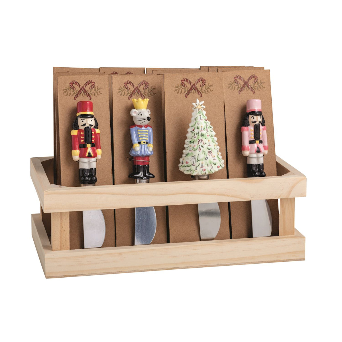 Mud Pie nutcracker figural ceramic handle spreaders in a wooden display crate