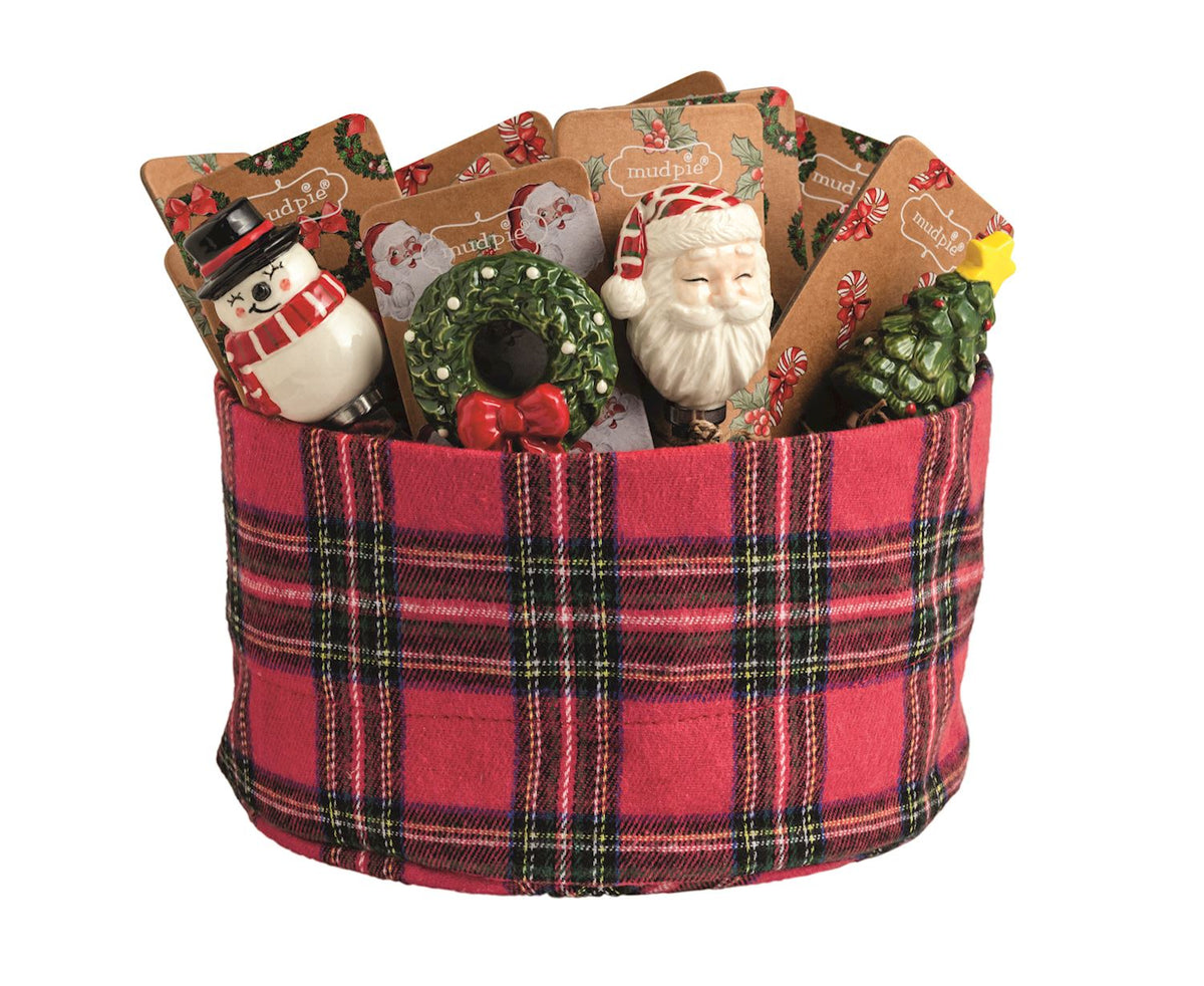 Mud Pie Christmas figural ceramic handle spreaders in a red tartan basket