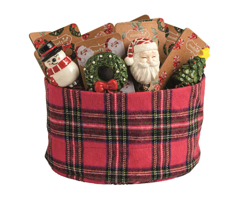 Mud Pie Christmas figural ceramic handle spreaders in a red tartan basket
