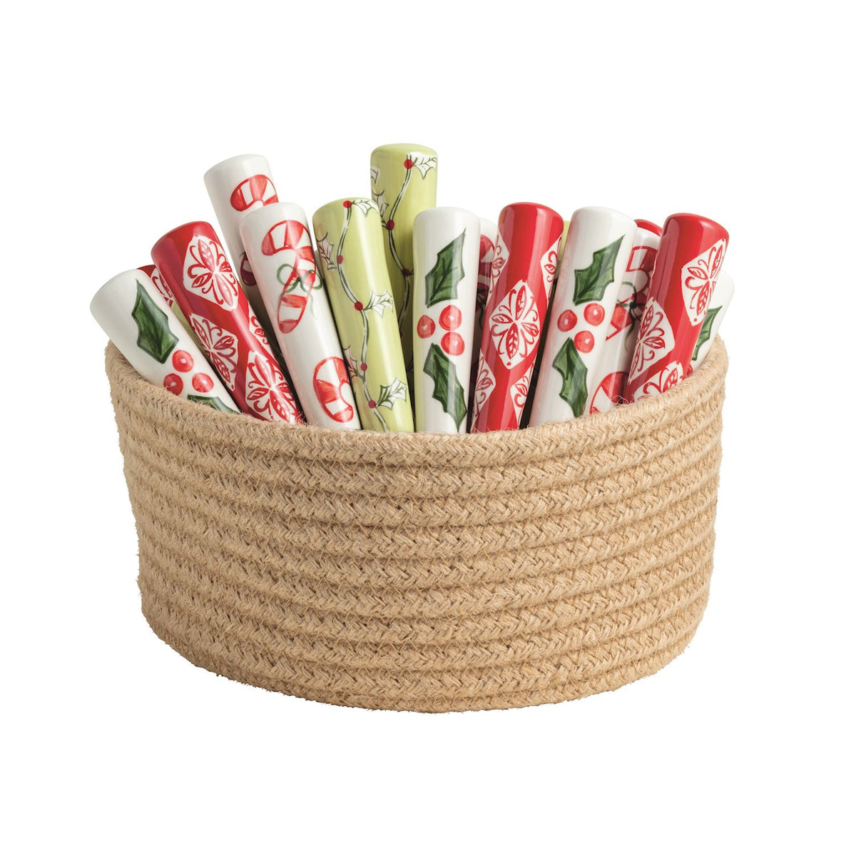 Mud Pie patterned ceramic handle Christmas spreaders in a jute rope basket