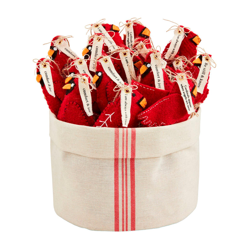 Mud Pie red fabric cardinal ornaments in a cream canvas display basket
