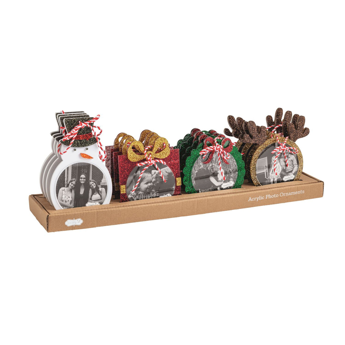 Mud Pie acrylic glitter photo frame ornaments in snowman, present, wreath and reindeer shapes