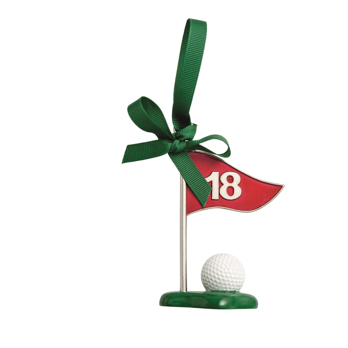 Mud Pie hand-painted resin golf ornament with pin flag and ball on green grosgrain ribbon