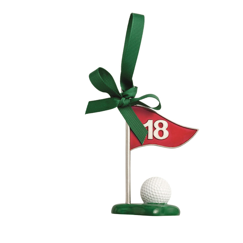 Mud Pie hand-painted resin golf ornament with pin flag and ball on green grosgrain ribbon
