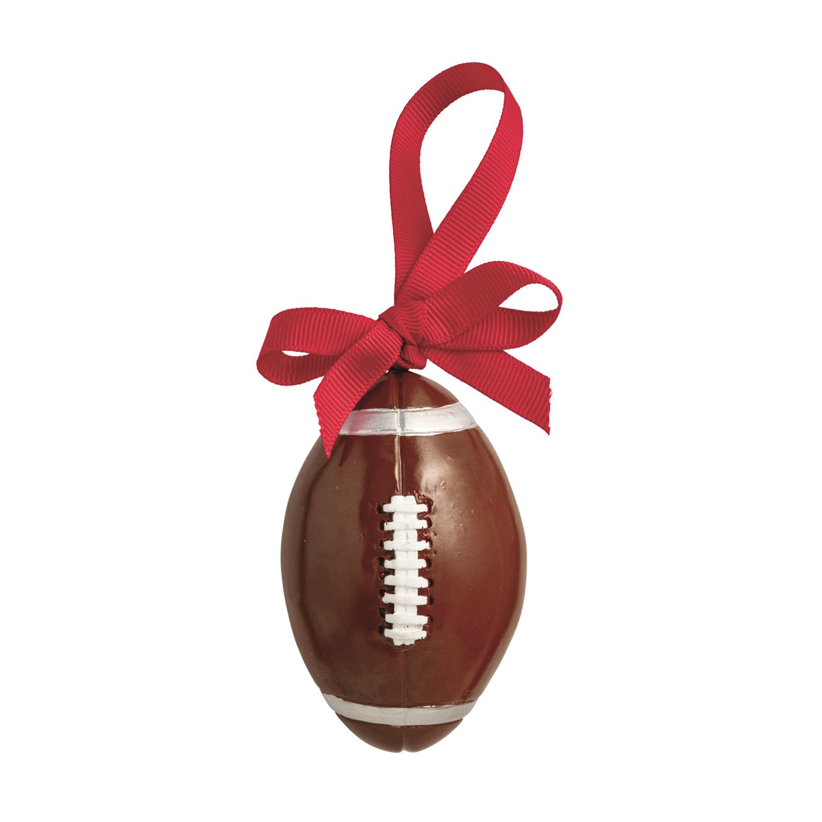 Mud Pie hand-painted resin football Christmas ornament with red grosgrain ribbon hanger