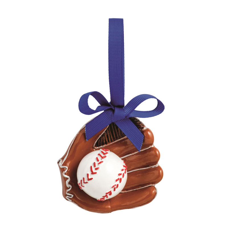 Mud Pie hand-painted resin baseball glove and ball Christmas ornament with navy ribbon hanger
