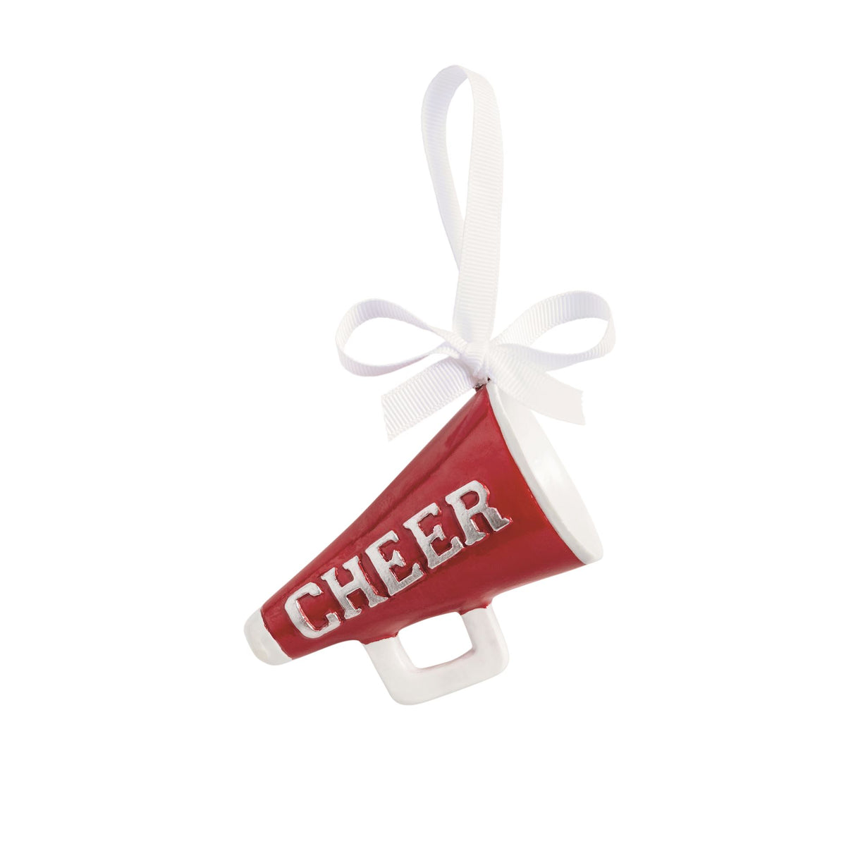 Mud Pie hand-painted resin cheer megaphone Christmas ornament with white ribbon hanger