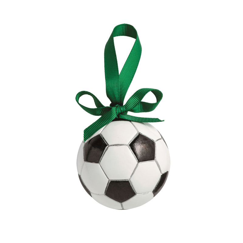 Mud Pie hand-painted resin soccer ball Christmas ornament with green grosgrain ribbon hanger