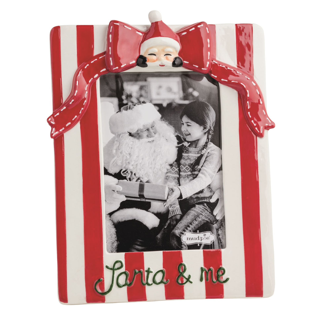 Mud Pie red striped ceramic Santa and Me photo frame with sculpted Santa figure