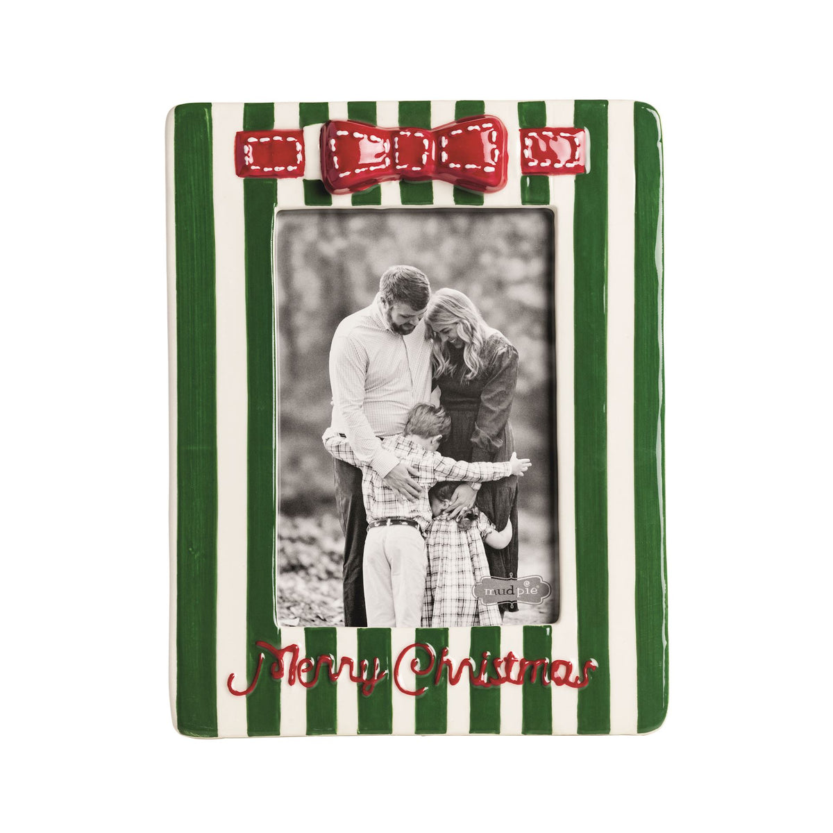 Mud Pie green and white striped ceramic Merry Christmas photo frame with red bow