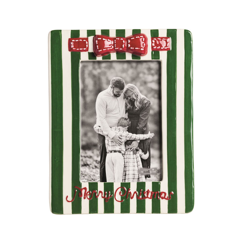 Mud Pie green and white striped ceramic Merry Christmas photo frame with red bow