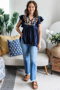 Zoey - Navy Blue Floral Embroidered Blouse