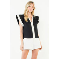 Rachel - Flutter Sleeve Contrast Trim V-Neck Top