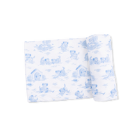 Puppy Toile Blue -  2 Way Zipper Footie, Swaddle  & Bandana Bib Set
