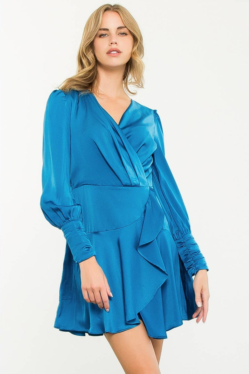 Blue Long Sleeve Flutter Dress