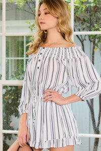 Josie - Off Shoulder Bubble Sleeve Elastic Stripe Romper