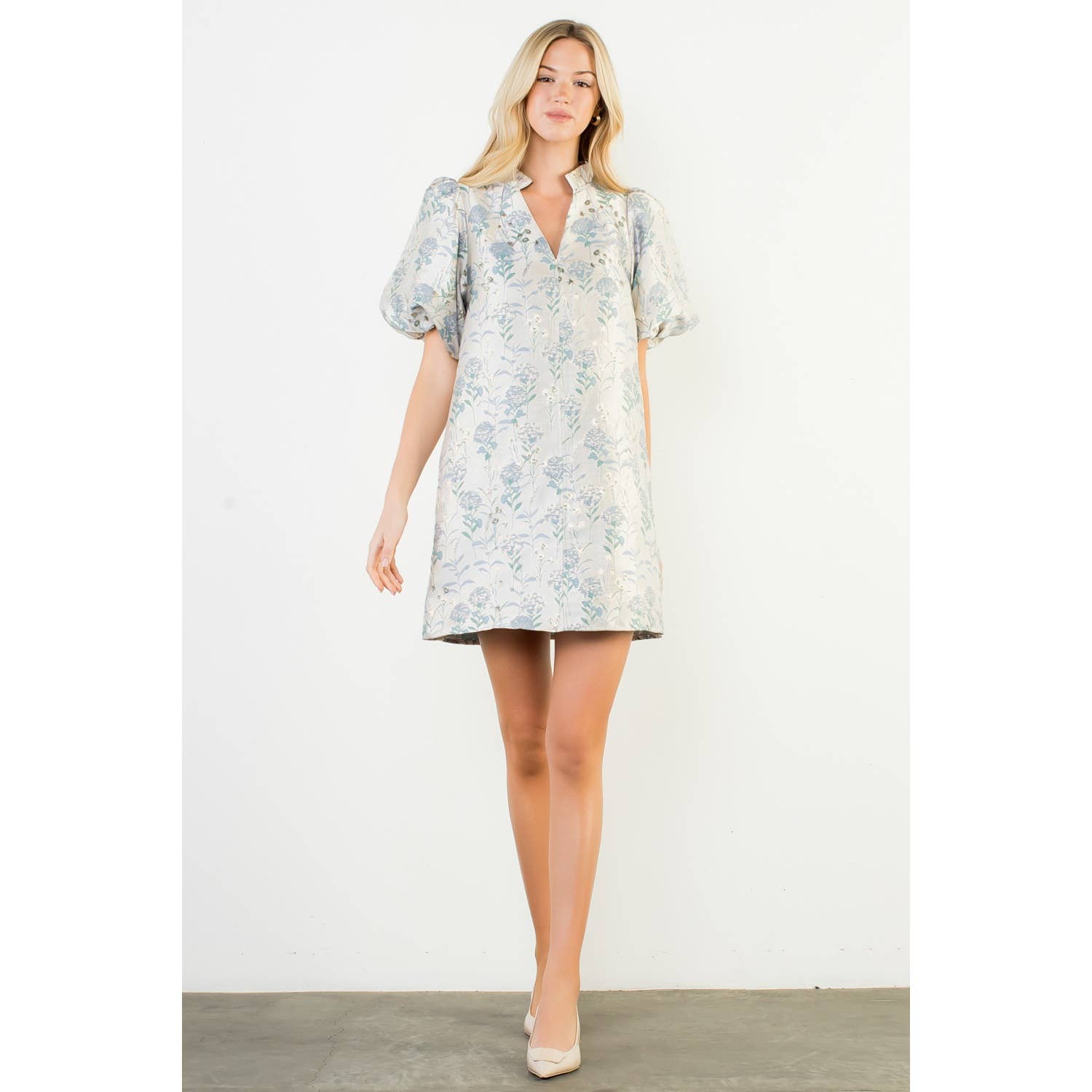 Nina - Puff Sleeve Floral Detail V-Neck Mini Dress