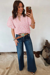 Miley - Apricot Pink Floral Puff Sleeve Blouse