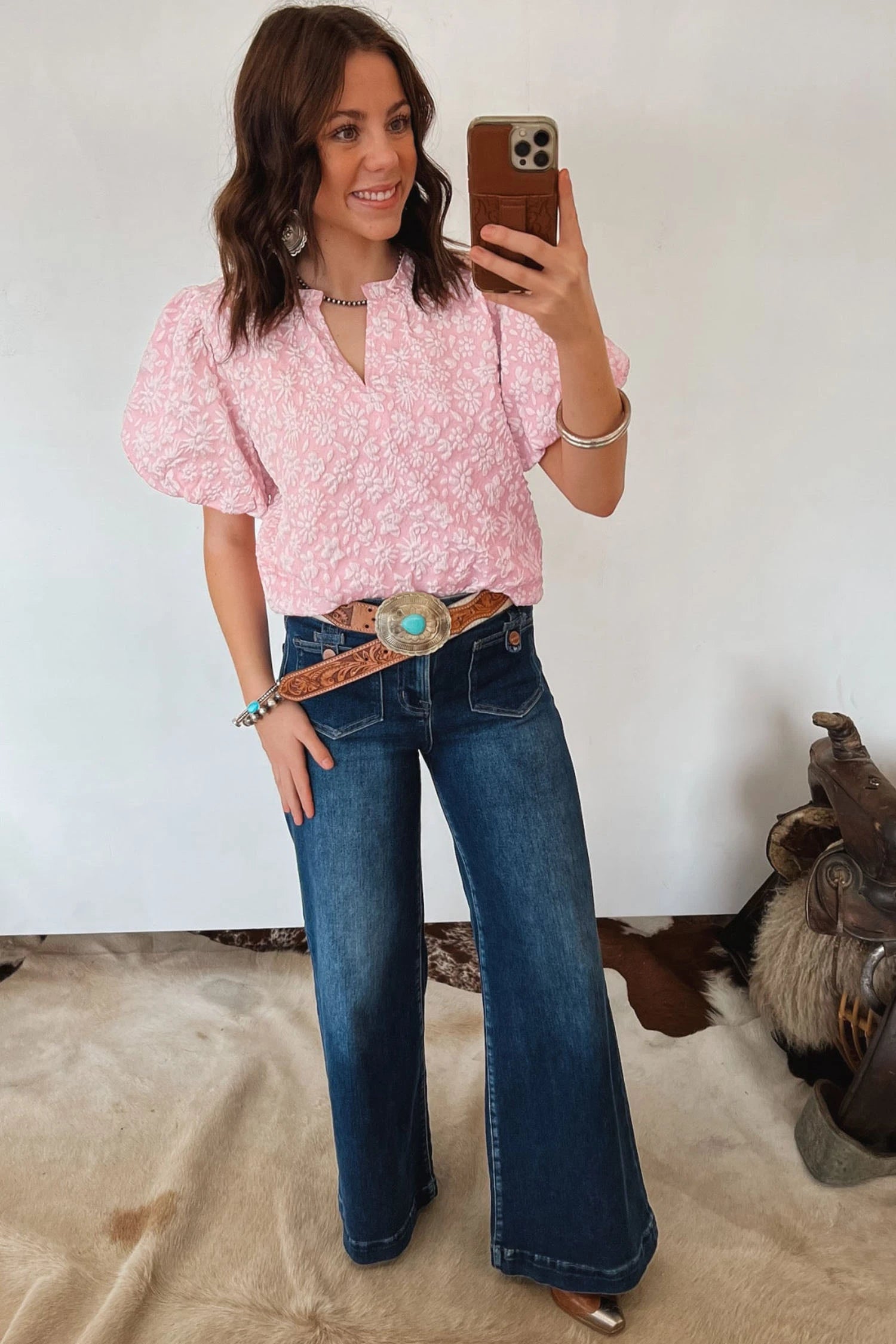 Miley - Apricot Pink Floral Puff Sleeve Blouse