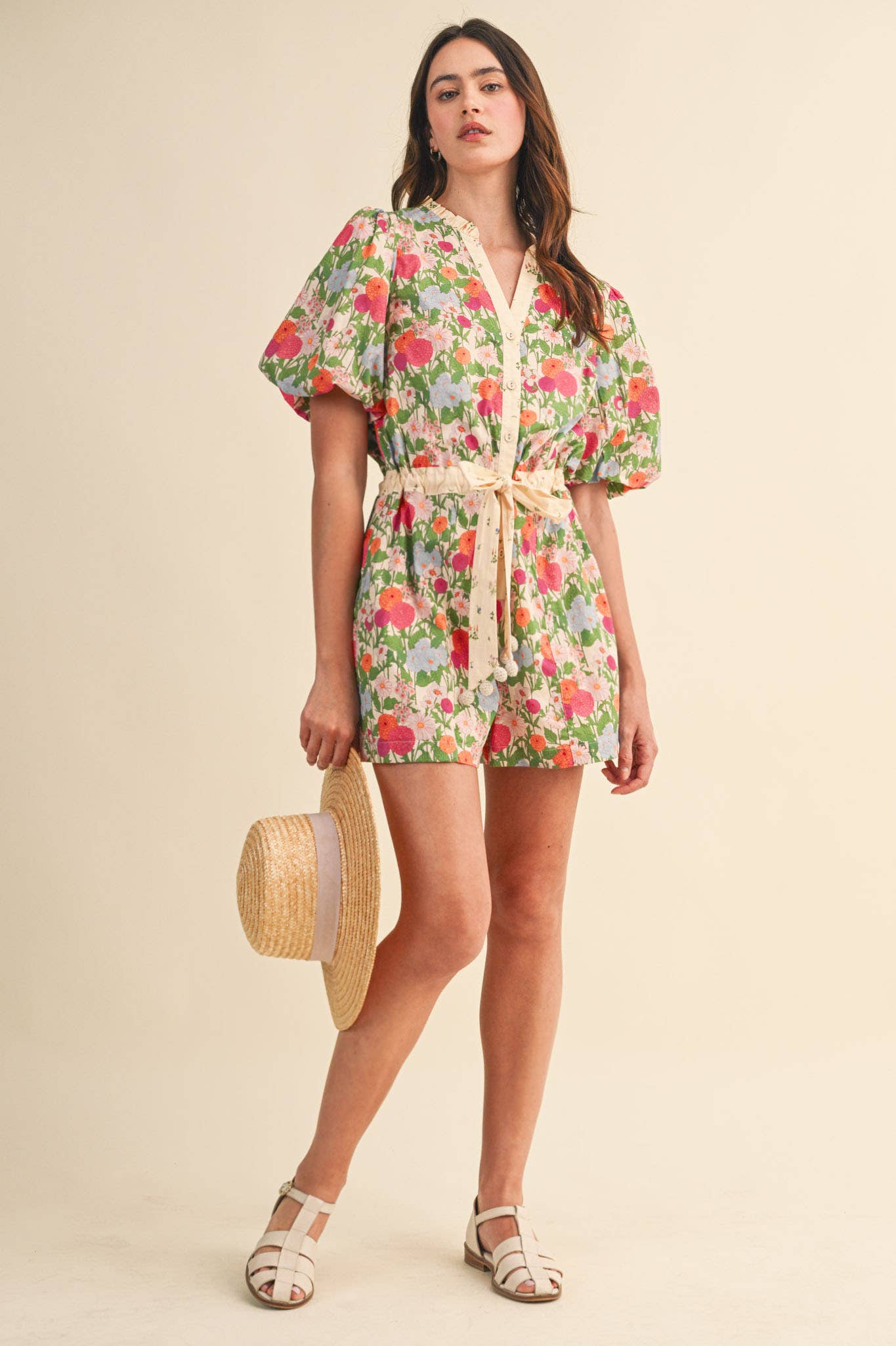 Brianna - Bubble Sleeve Floral Print Romper