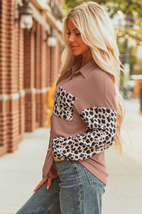 MARCIE - Leopard Patchwork Western Shacket – Dark Khaki Twisted Ribbed Shirt, Casual Women's Outerwear