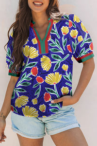 Trudy-Blue Wild Floral Printed Contrast Striped Patchwork V Neck Short Sleeve Blouse