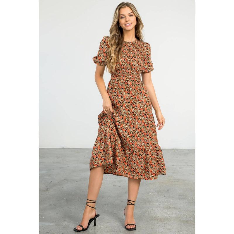 Agnes-Smocked Floral Print Midi Dress