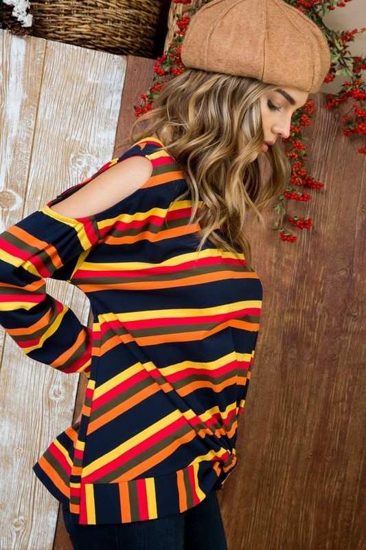 Sally - Multi Print Twist Front Cold Shoulder Knit Top