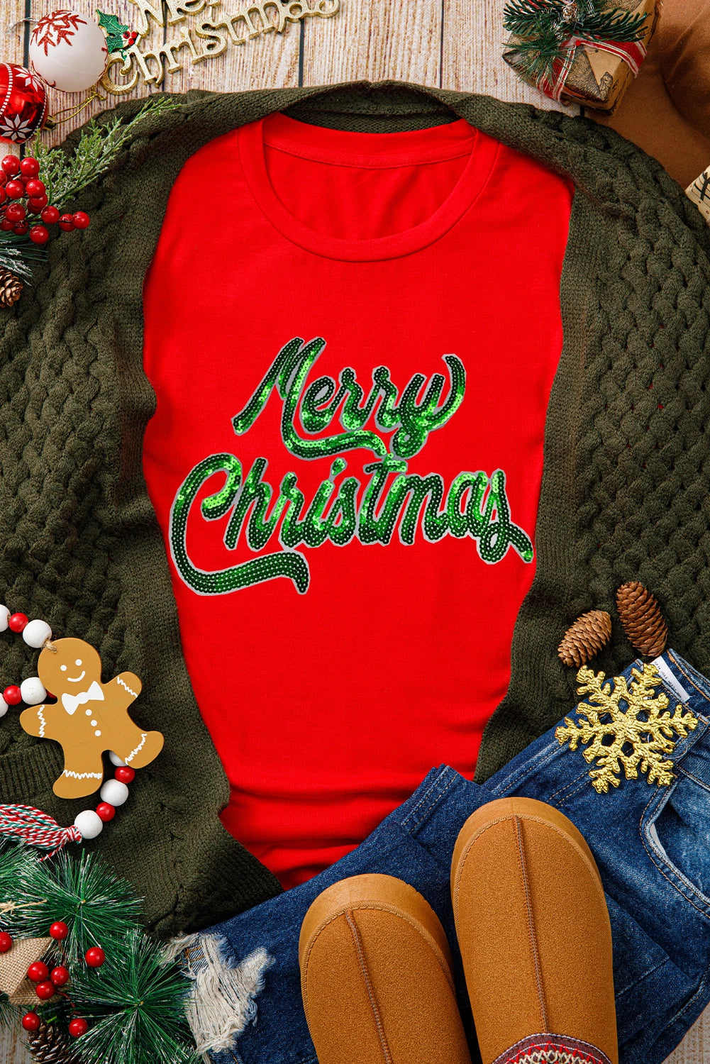 Red Merry Christmas Graphic Tee – Festive Slogan Crewneck T-Shirt, Women's Holiday Short Sleeve Top