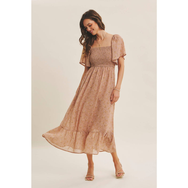 Ariana Square Neck Floral Chiffon Smocked Midi Dress