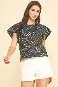 NEESA- FLORAL RUFFLED BLOUSE TOP WITH SEASHELL DETAIL