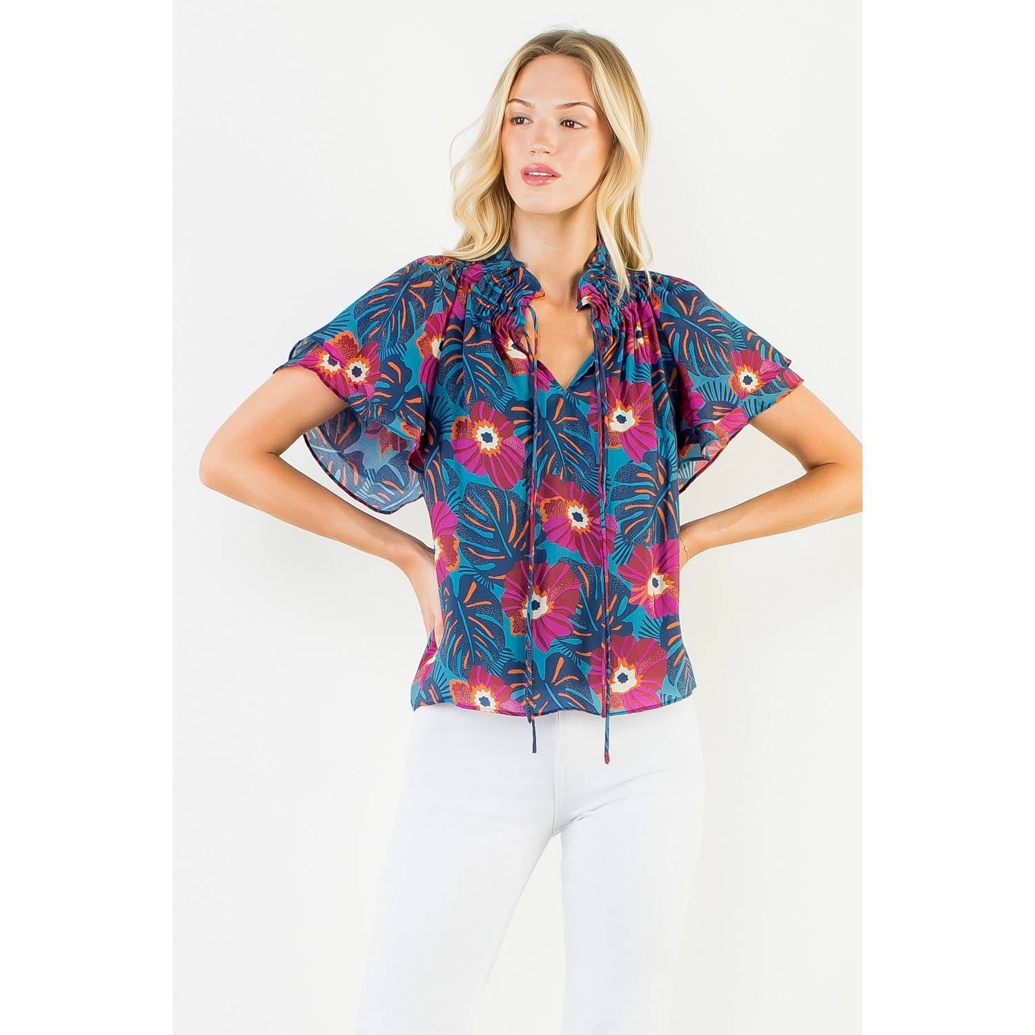 Sarah - Fluttered Floral Tie Front Top