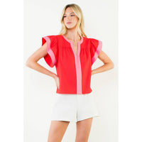 Rachel - Flutter Sleeve Contrast Trim V-Neck Top