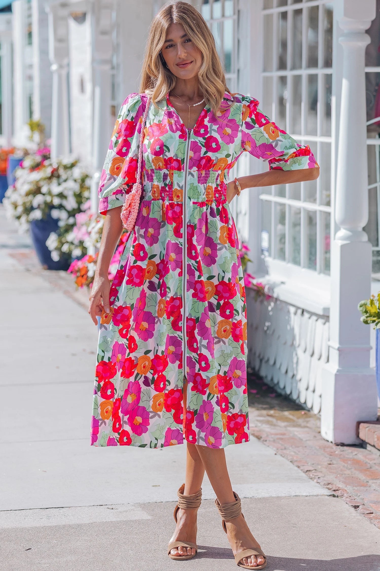 Rose - V Neck Zip Up Midi Dress
