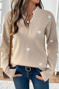 Gail - Khaki Heart Print Lace V-Neck Sweater