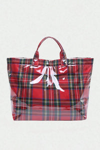 Red Plaid Glossy Waterproof Tote Bag - Large Shoulder Tote for Work, Travel & Holiday