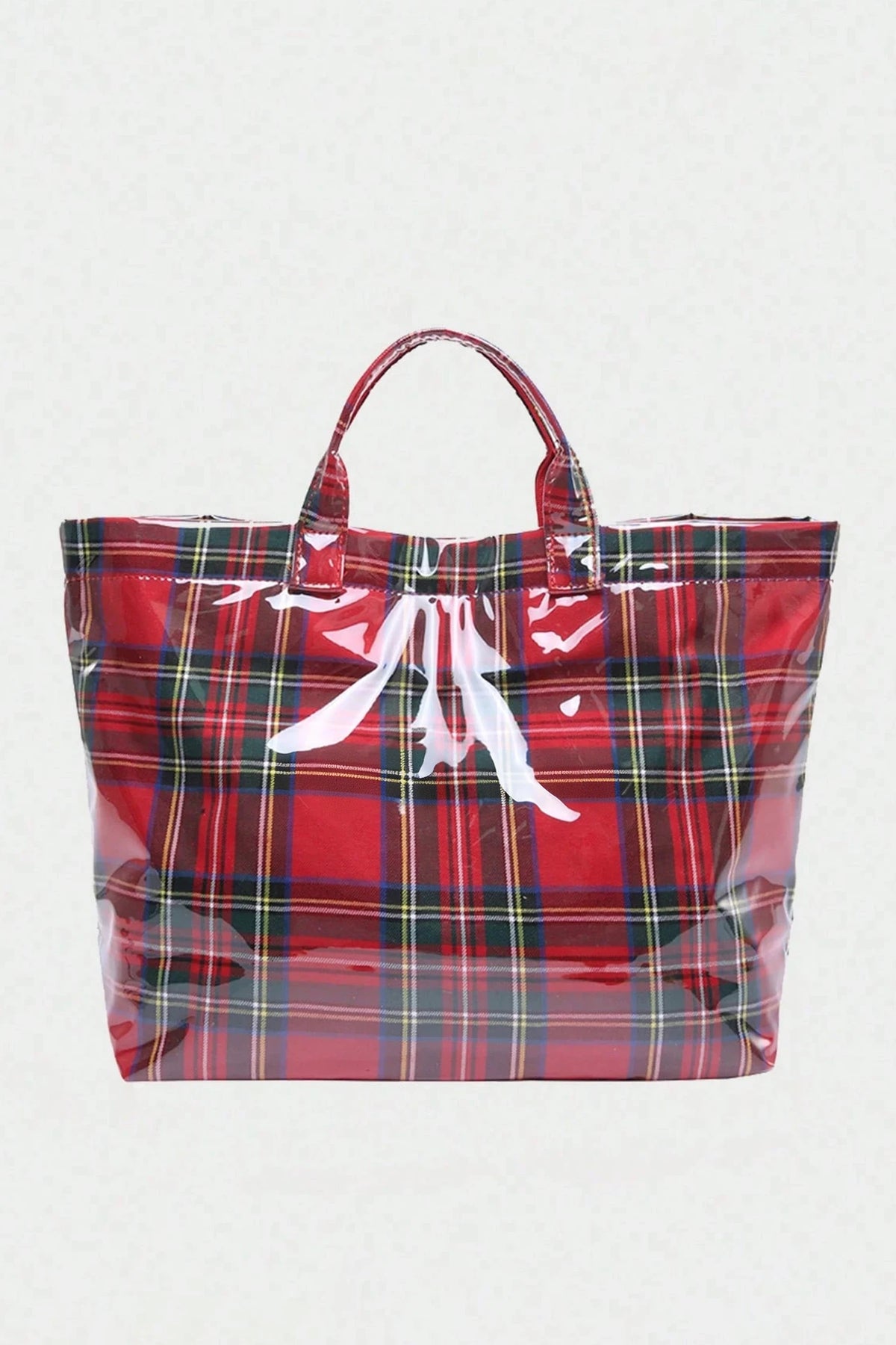 Red Plaid Glossy Waterproof Tote Bag - Large Shoulder Tote for Work, Travel & Holiday