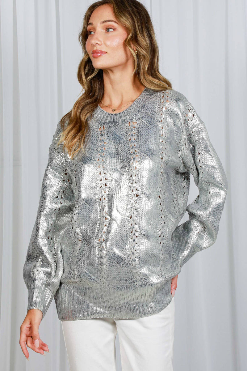 Jess - Crew Neck Cable Metallic Foil Knitted Sweater