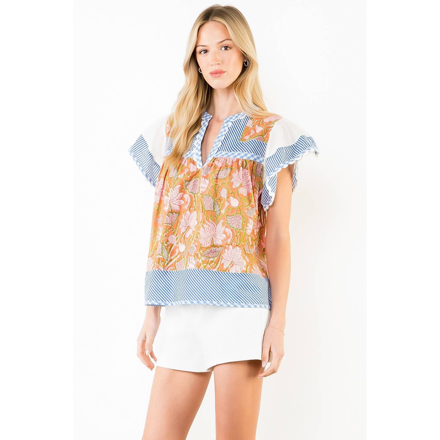 McKenna - Flowy Sleeve Mixed Media V-Neck Top