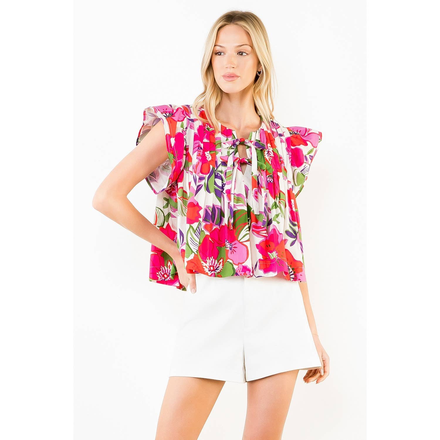 Gia - Floral Print Pintuck Top with Bow Detail - add matching skirt for 1/2 off with code GIA