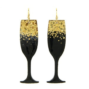 Resin wine glass gold black Christmas earrings