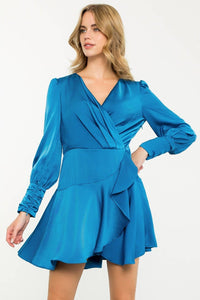 Blue Long Sleeve Flutter Dress