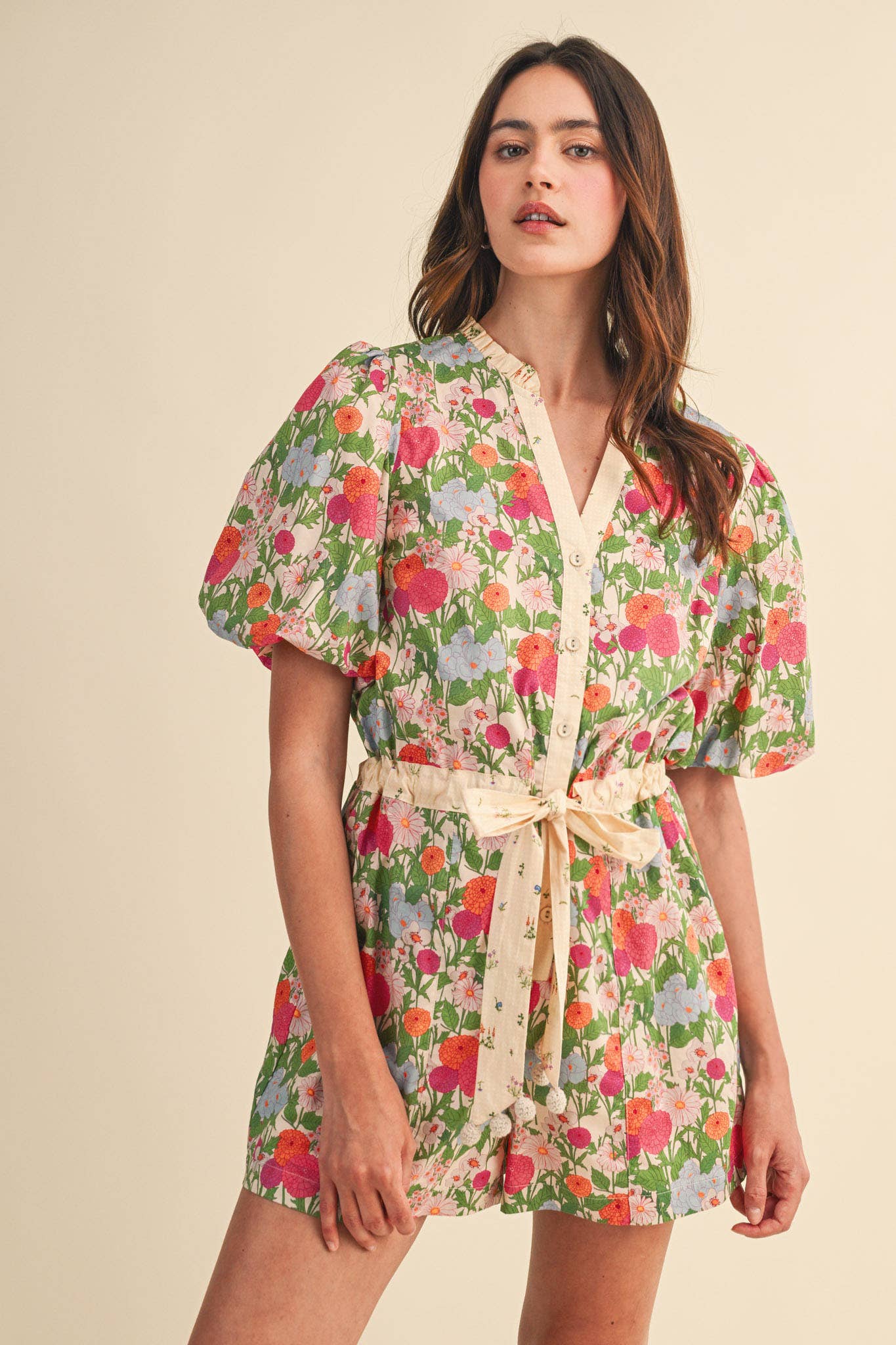 Brianna - Bubble Sleeve Floral Print Romper