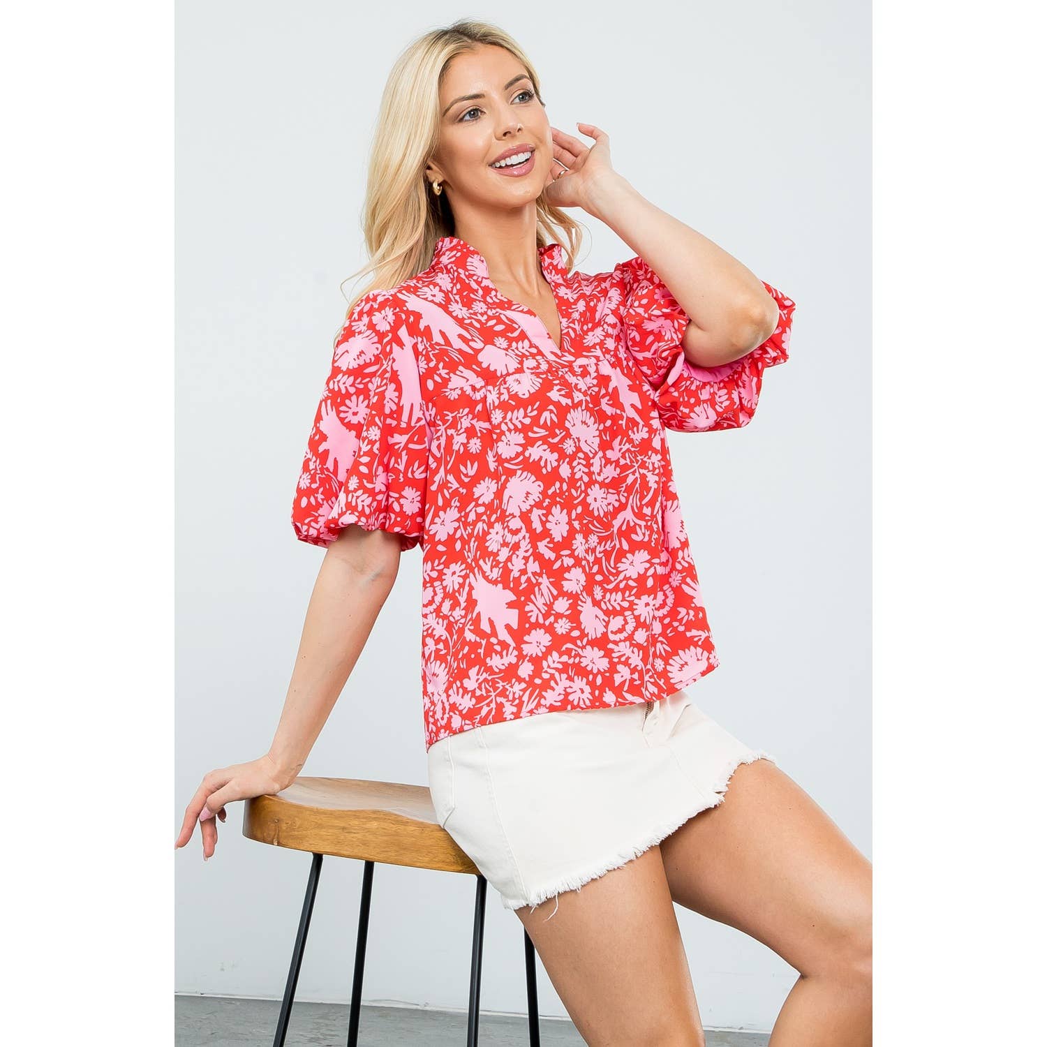 Angela - Puff Sleeve Flower Print Top