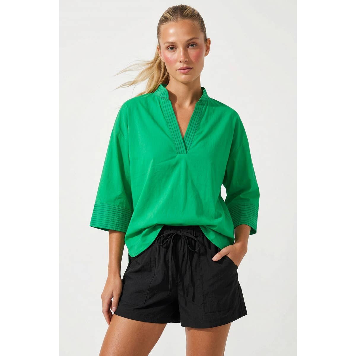 Riley - Contrast Stitch Detail Popover Blouse