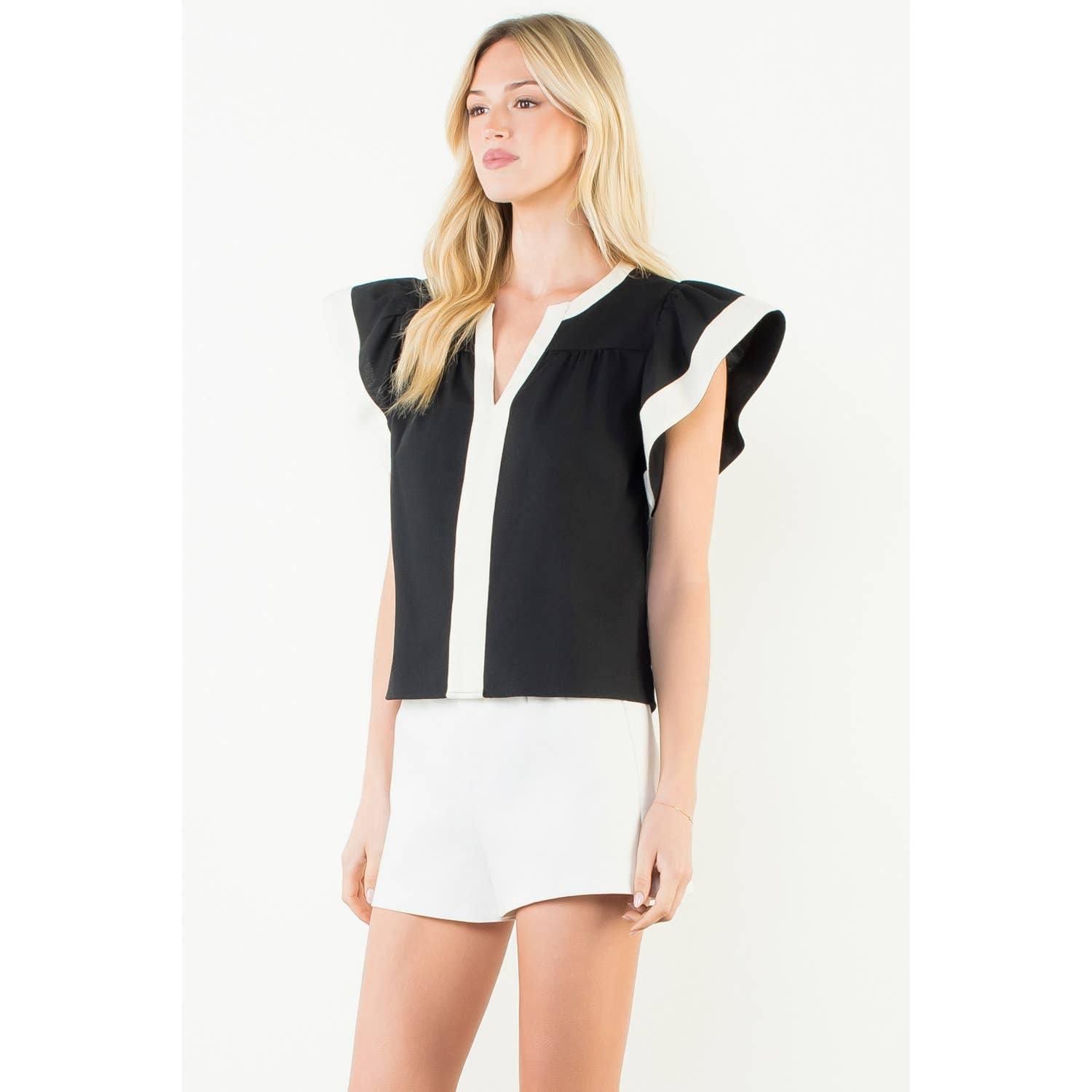 Rachel - Flutter Sleeve Contrast Trim V-Neck Top