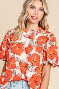 Juliete - Orange Floral Frill Neck Blouse