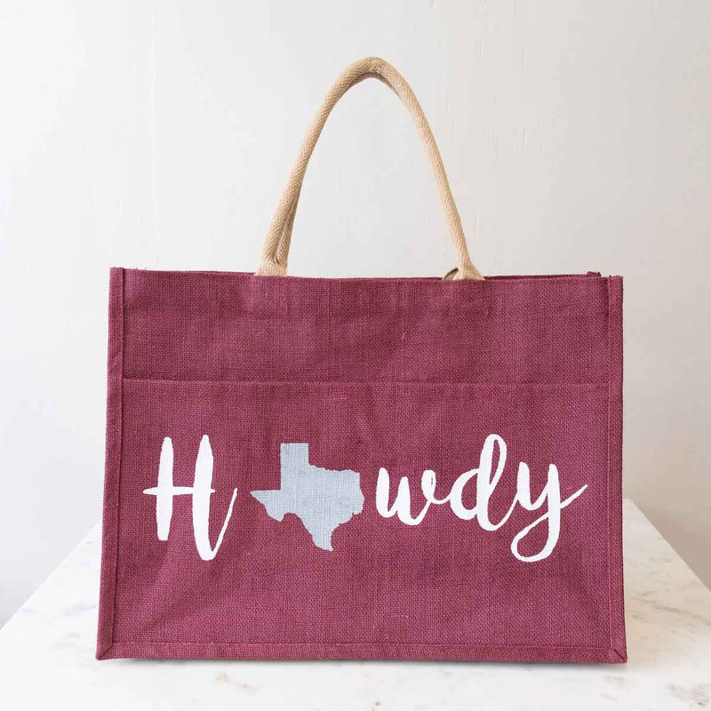 Howdy Jute Pocket Tote   Maroon/White/Gray   19x14x7.5