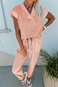 Lisa - V-Neck Tee & Drawstring Pants 2-Piece Loungewear Matching Set